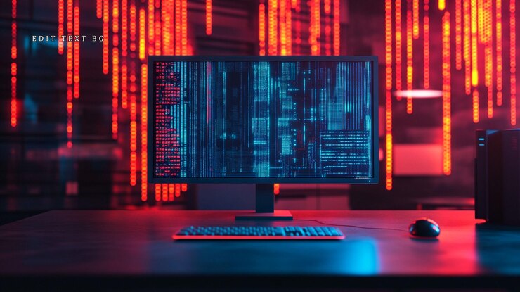 PSD ecrã de computador exibindo linhas de código em uma sala escura com luz vermelha