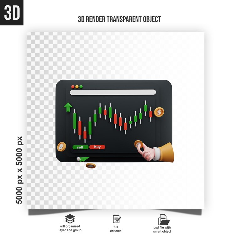 PSD ecrã de painel com uma análise gráfica de crescimento infográfico comércio de bolsa de valores renderização 3d