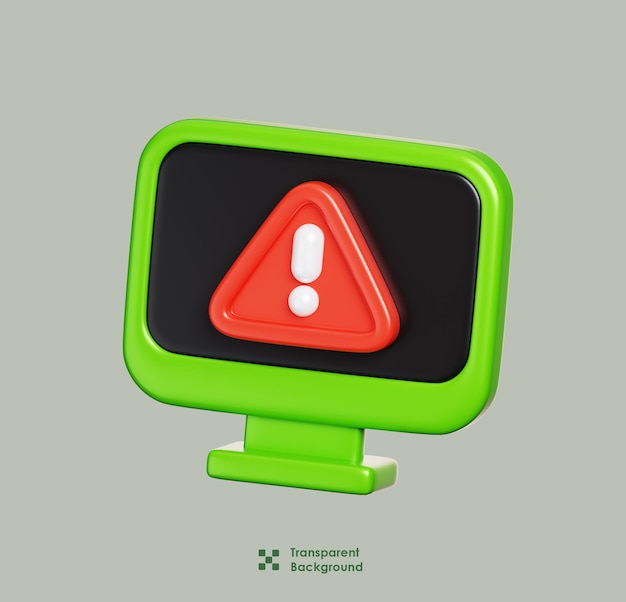 L'écran de l'ordinateur affiche avec précaution le signe d'erreur d'avertissement de l'attention icône de cybersécurité rendu 3D
