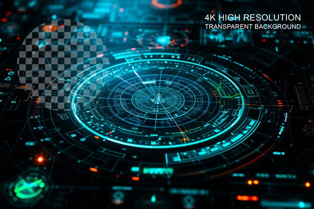 PSD Écran radar écran hud avec effet de lumière brillante sur fond transparent