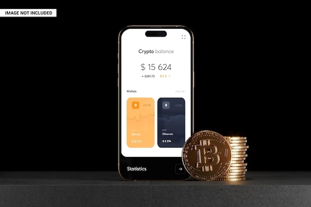 PSD Écran de smartphone avec maquette de pièces d'or