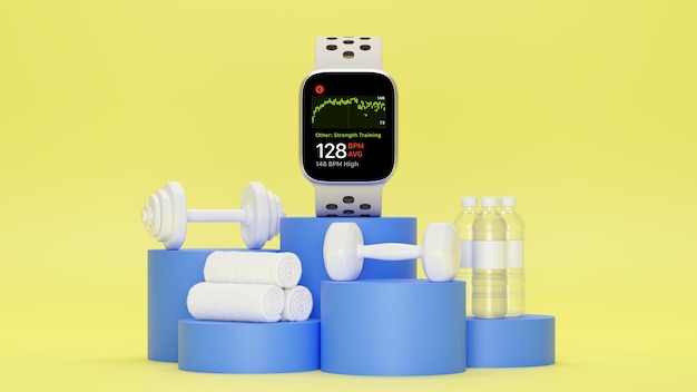 Écran Vide Smartwatch Maquette Haltères Bouteilles D'eau Serviettes Sur Podium Bleu Fond Jaune