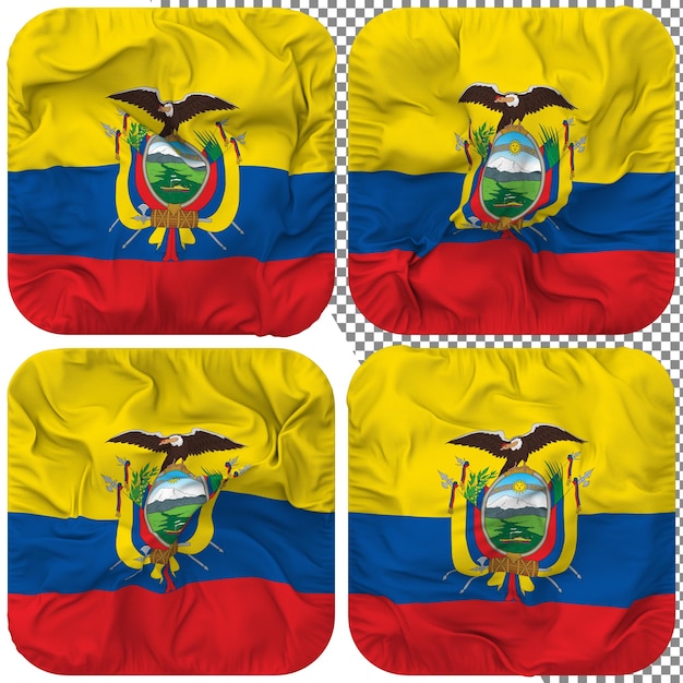 PSD ecuador-flagge, knappenform, isoliert, unterschiedlicher wehender stil, bump-textur, 3d-rendering