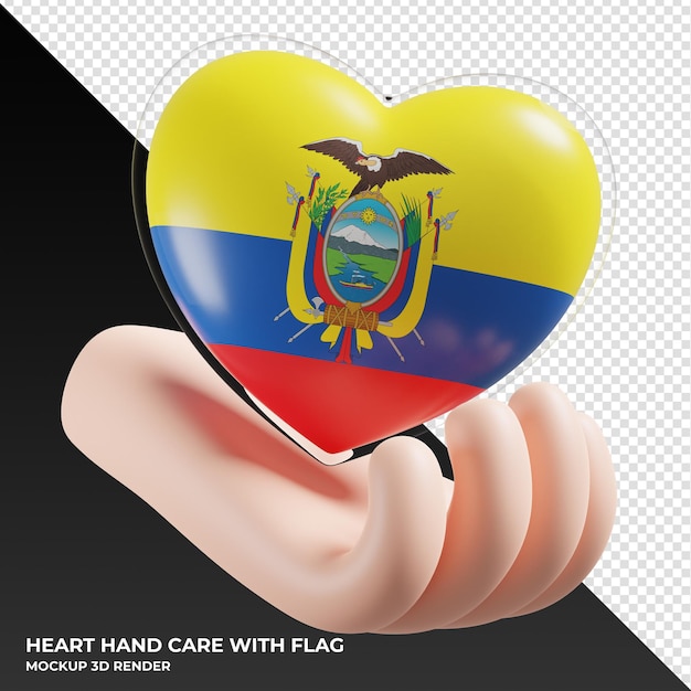 PSD ecuador-flagge mit herzhandpflege realistisch 3d texturiert