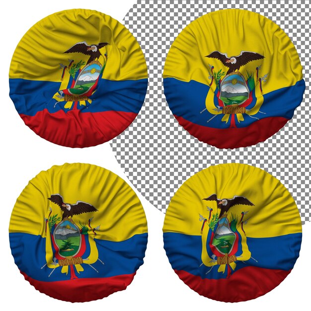 PSD ecuador-flagge, runde form, isoliert, unterschiedlicher wehender stil, bump-textur, 3d-rendering