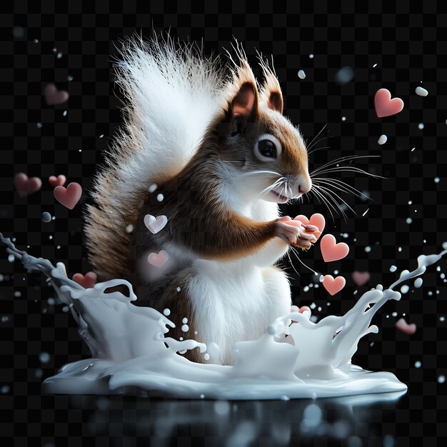 Un écureuil Se Tient Dans Un Bol De Lait Et A Des Cœurs Dessus