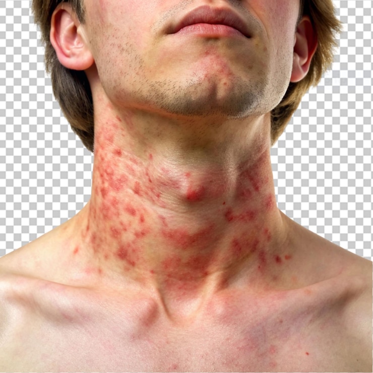 PSD eczema de psoríase no pescoço do paciente em fundo transparente