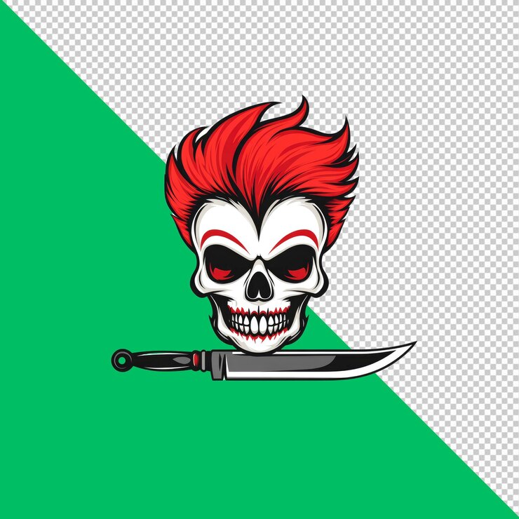 PSD edgy skull com red mohawk e ilustração vetorial de faca