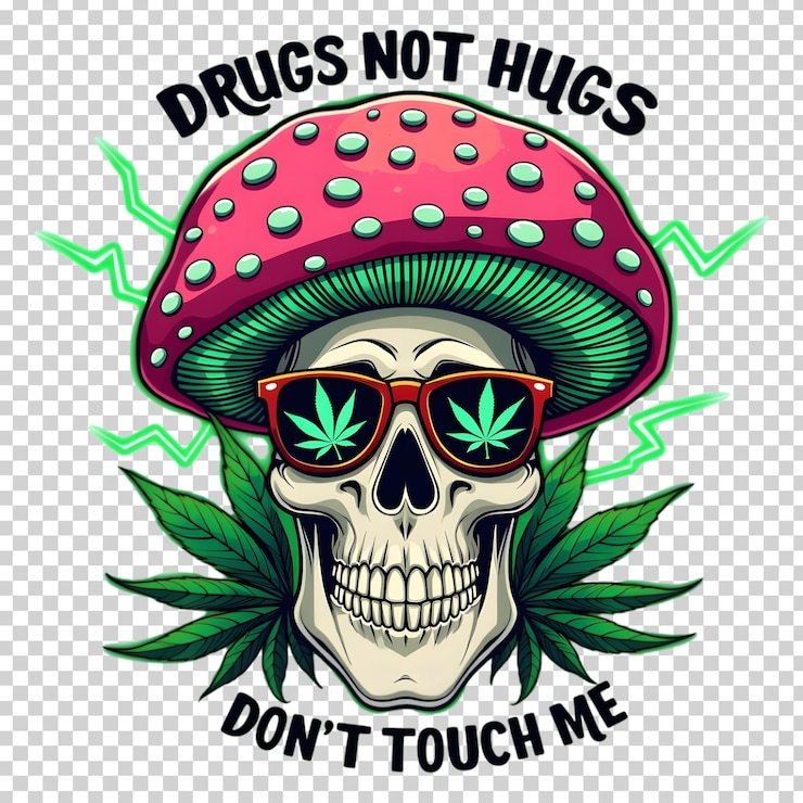 Edgy Skull with Marijuana Sunglasses Mushroom and Neon Lightning DRUGS NOT HUGS  Tshirt Design