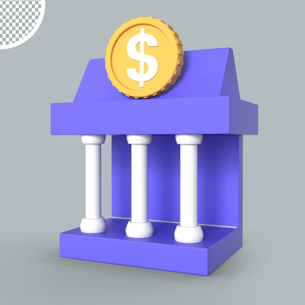 Édifice De La Banque Avec Illustration De L'icône De Rendu 3d De La Pièce D'un Dollar