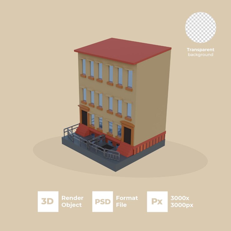 PSD edificio 3d con casa adosada de fondo transparente