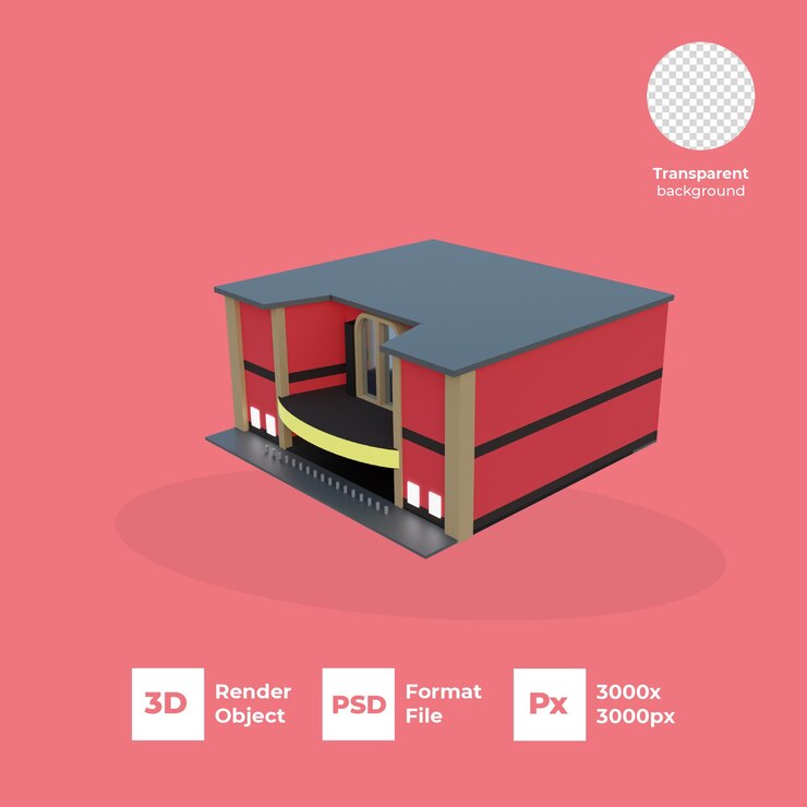 PSD edifício 3d com cinema de fundo transparente