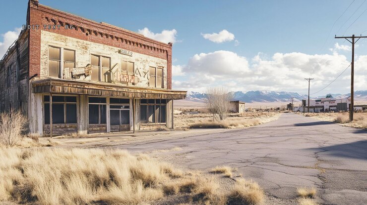 PSD edificio abandonado en un paisaje desolado y soleado