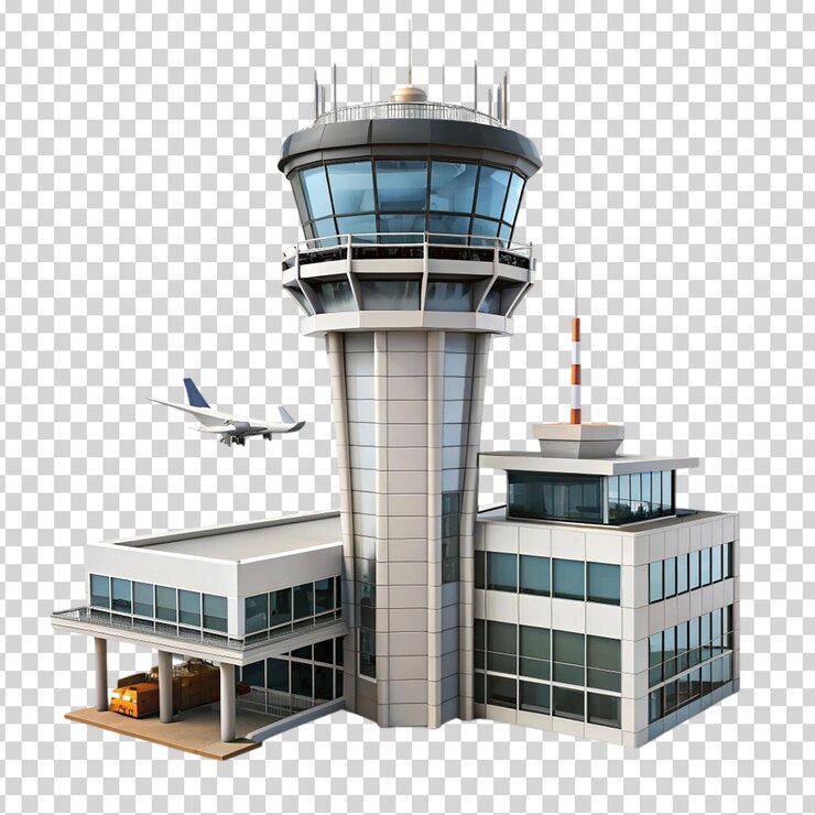 PSD edificio del aeropuerto con una torre de control en un fondo transparente
