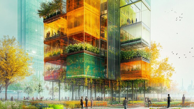 PSD edificio agrícola vertical futurista con colores vibrantes y espacios verdes integrados