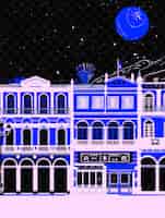 PSD un edificio azul y blanco con una luna azul por encima