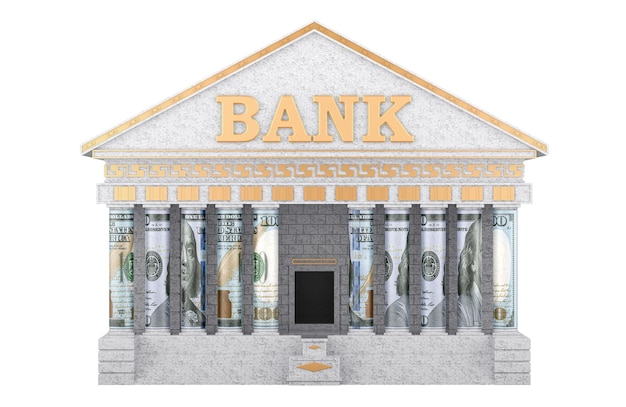 Edificio del banco con billetes de dólar en lugar de columnas renderización 3D aislado en fondo transparente