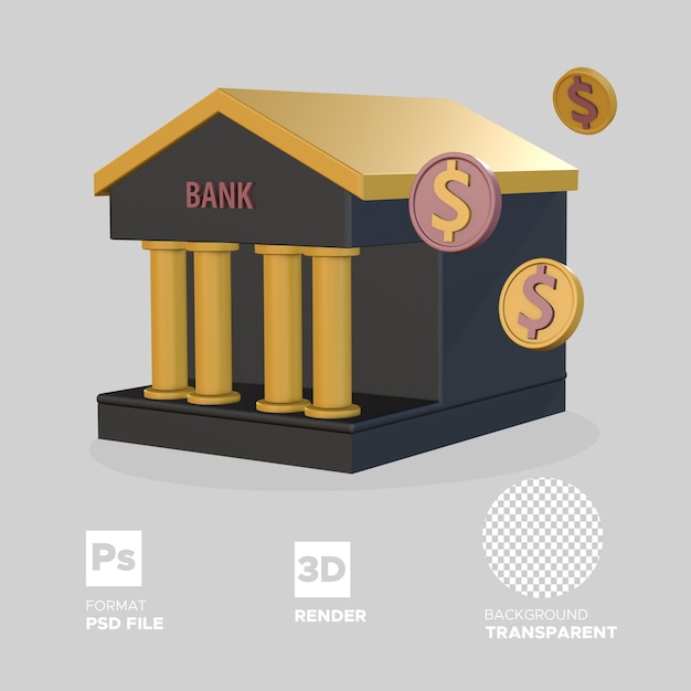 Edificio de banco de renderizado 3d con objeto de ilustración de monedas aislado