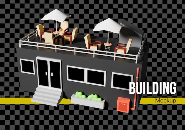 Edificio de café en 3D con maqueta en la azotea