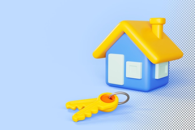 Edificio de casa de dibujos animados 3d y llaves de puertas sobre fondo azul Concepto de compra o venta de propiedad inversión inmobiliaria préstamo hipotecario para compra de casa o bandera de construcción