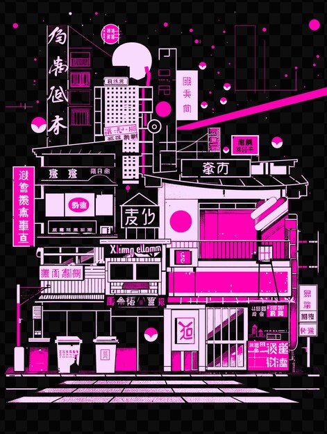 Un edificio colorido con un fondo rosa y un fondo negro con un letrero rosa que dice japoneses