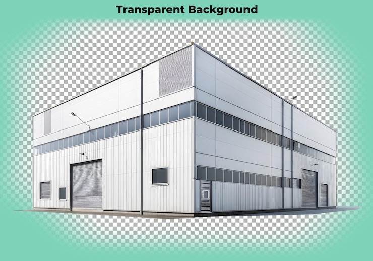 PSD edifício comercial de armazém isolado em fundo transparente