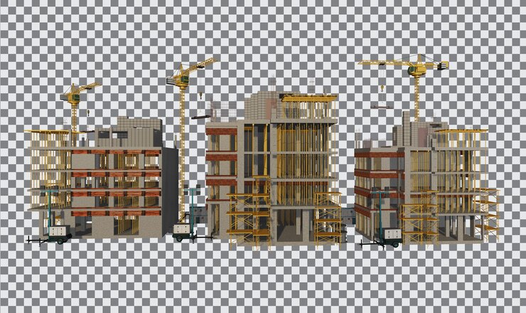 PSD edificio en construcción sobre fondo transparente. representación 3d.