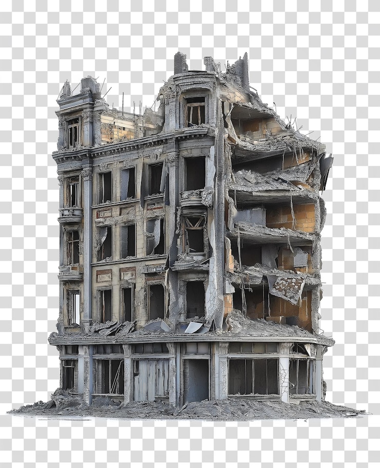 PSD edificio dañado después de la guerra en un fondo transparente