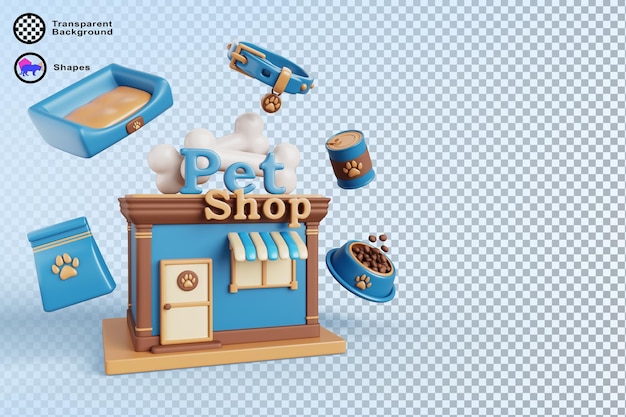 Edifício de loja de animais 3d exterior com produtos de animais render A fachada de uma pequena loja de negócios bonita com brinquedos de comida voadora cama de gato ou cachorro colarinho saco de alimentação lata pode osso de tigela para venda bandeira