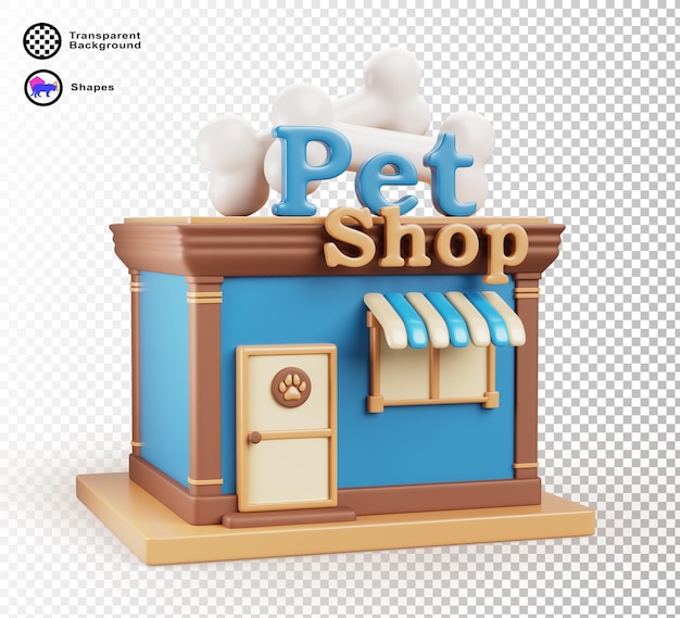 Edifício de loja de animais de estimação exterior desenho animado 3d render icon Lindo pequena loja de animais domésticos com porta de entrada janela dossel sinal com ossos isolados fachada do mercado de zoológico de cães e gatos