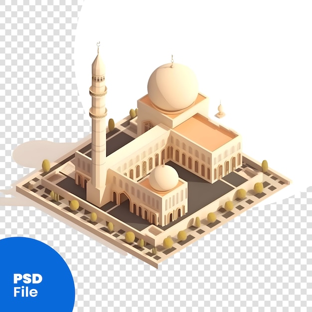 PSD edifício de mesquita isométrica em um fundo branco modelo psd de renderização 3d