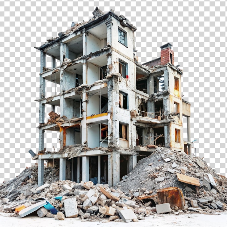 PSD edificio demolido aislado sobre un fondo transparente