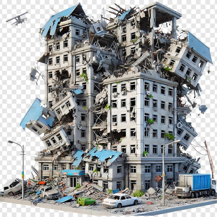 PSD edificio destruido en 3d de dibujos animados contexto transparente