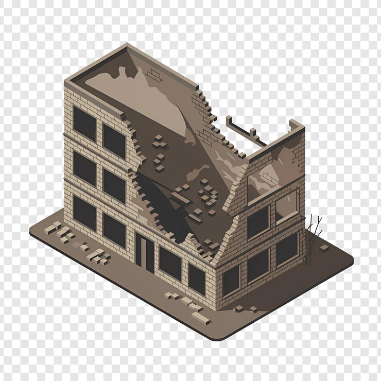 PSD edificio destruido aislado en un fondo transparente