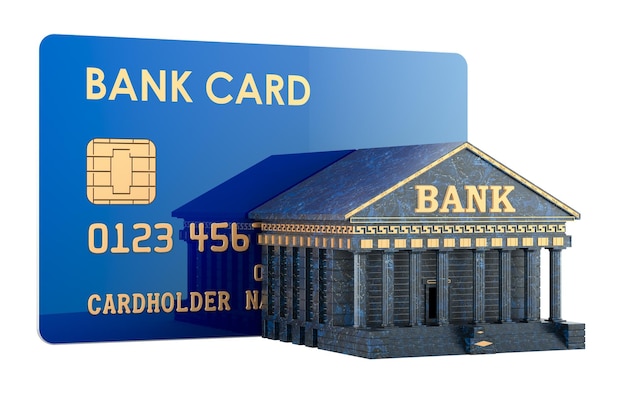 Edificio di banca con rendering 3D di carta di credito isolato su uno sfondo trasparente