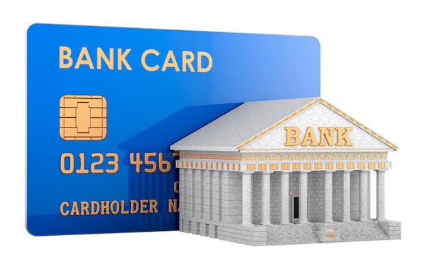 Edificio di banca con rendering 3D di carta di credito isolato su uno sfondo trasparente