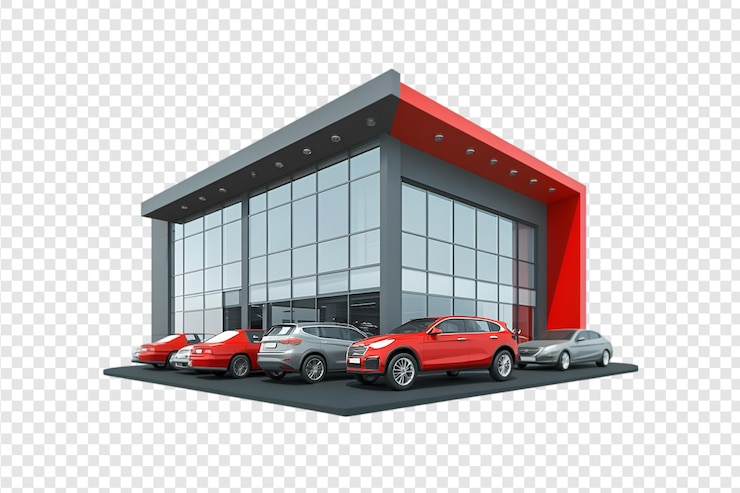 PSD edificio di un concessionario automobilistico con veicoli parcheggiati isolati su uno sfondo trasparente