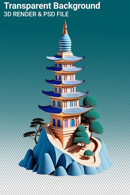 PSD un edificio con un diseño azul y blanco con una pagoda en la parte superior