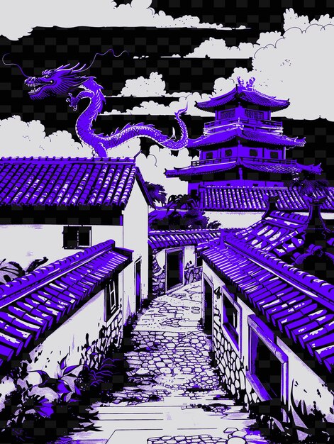 PSD un edificio con un dragón en la parte delantera y un dragon en la parte superior