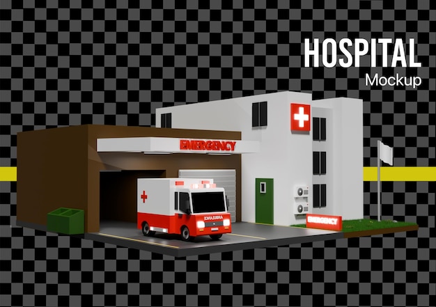 Edificio del Hospital 3D completo con emergencia y ambulancia