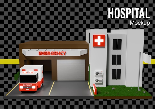 Edificio del Hospital 3D completo con emergencia y ambulancia