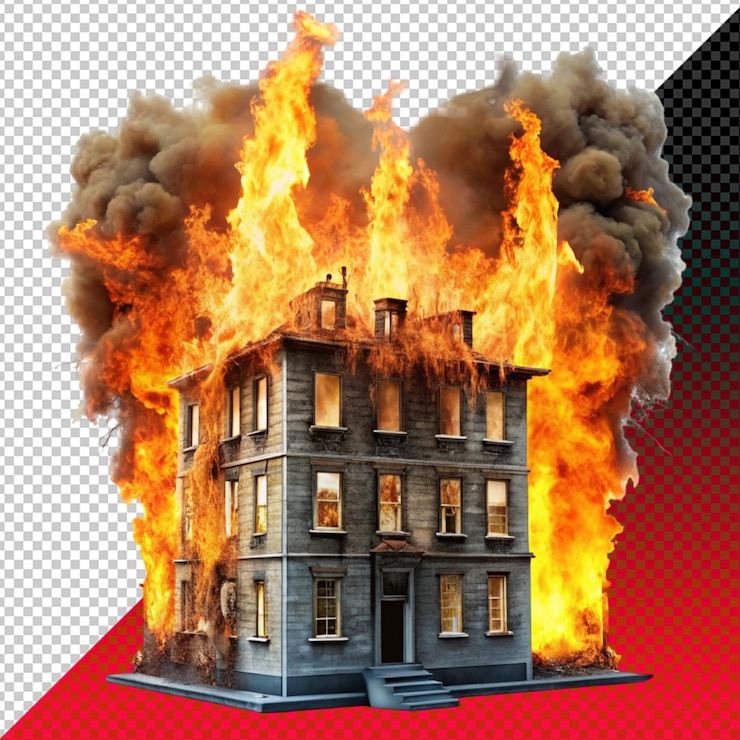 PSD edificio en llamas con humo en fondo transparente