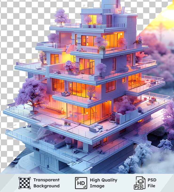 PSD edificio moderno de apartamentos en el atardecer imagen transparente