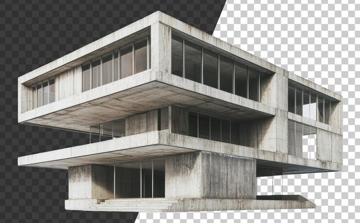 PSD edifício moderno de concreto com grandes janelas cortadas em stock png