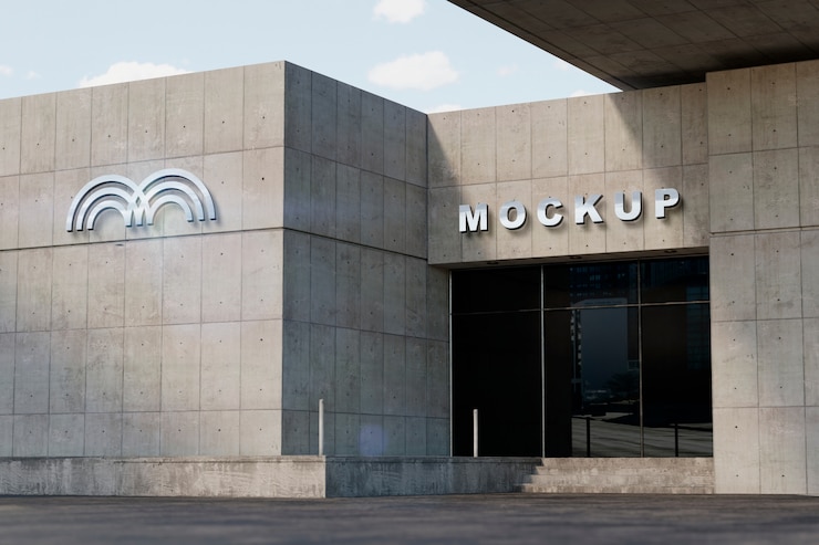 PSD edifício moderno de concreto com logotipo e sinalização