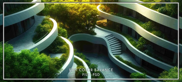 PSD edificio moderno con exuberante vegetación y una escalera en espiral