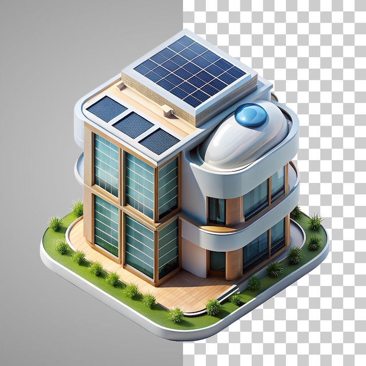PSD edifício moderno sustentável com painéis solares em terreno verde