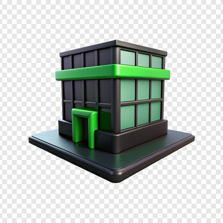 PSD un edificio negro con una ventana verde en la parte delantera