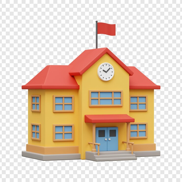 PSD edificio scolastico a cartoni animati con tetto rosso e orologio su sfondo trasparente