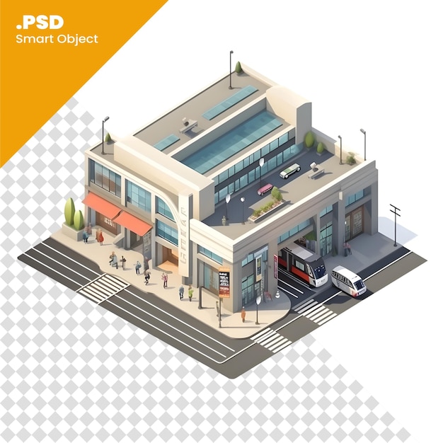 PSD edificio de supermercado de poli bajo isométrico con estacionamiento y cruce peatonal ilustración vectorial aislada plantilla psd